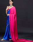 Electric Blue & Rani Satin Embellished Color-Blocked Saree Set