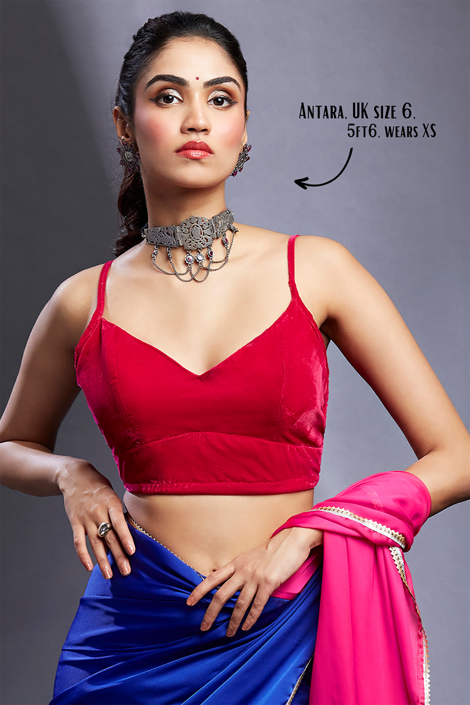 Electric Blue & Rani Satin Embellished Color-Blocked Saree Set