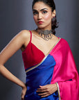 Electric Blue & Rani Satin Embellished Color-Blocked Saree Set