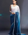 Blush Pink & Blue Ombre Satin Embellished Saree Set
