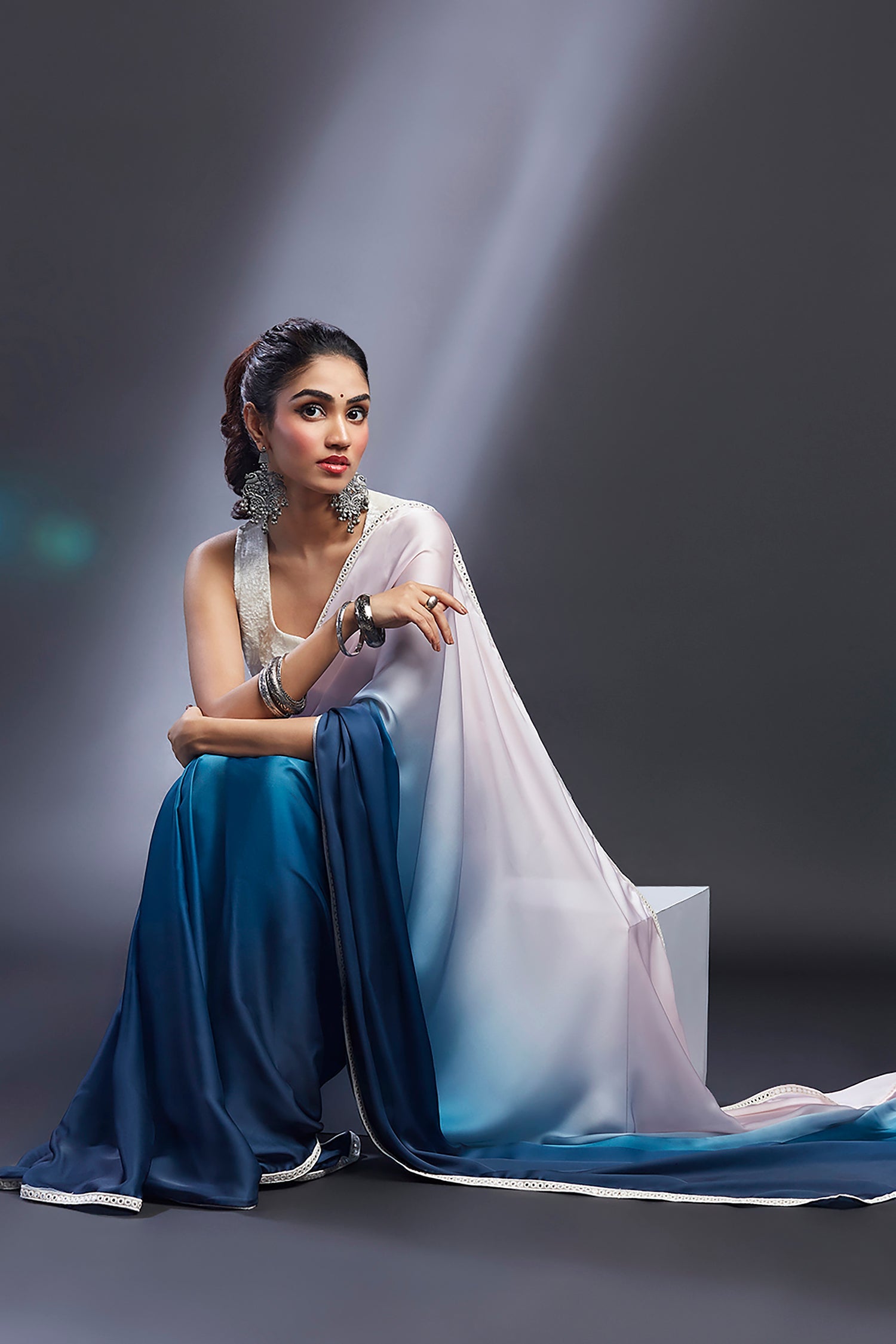 Blush Pink & Blue Ombre Satin Embellished Saree Set