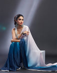 Blush Pink & Blue Ombre Satin Embellished Saree Set