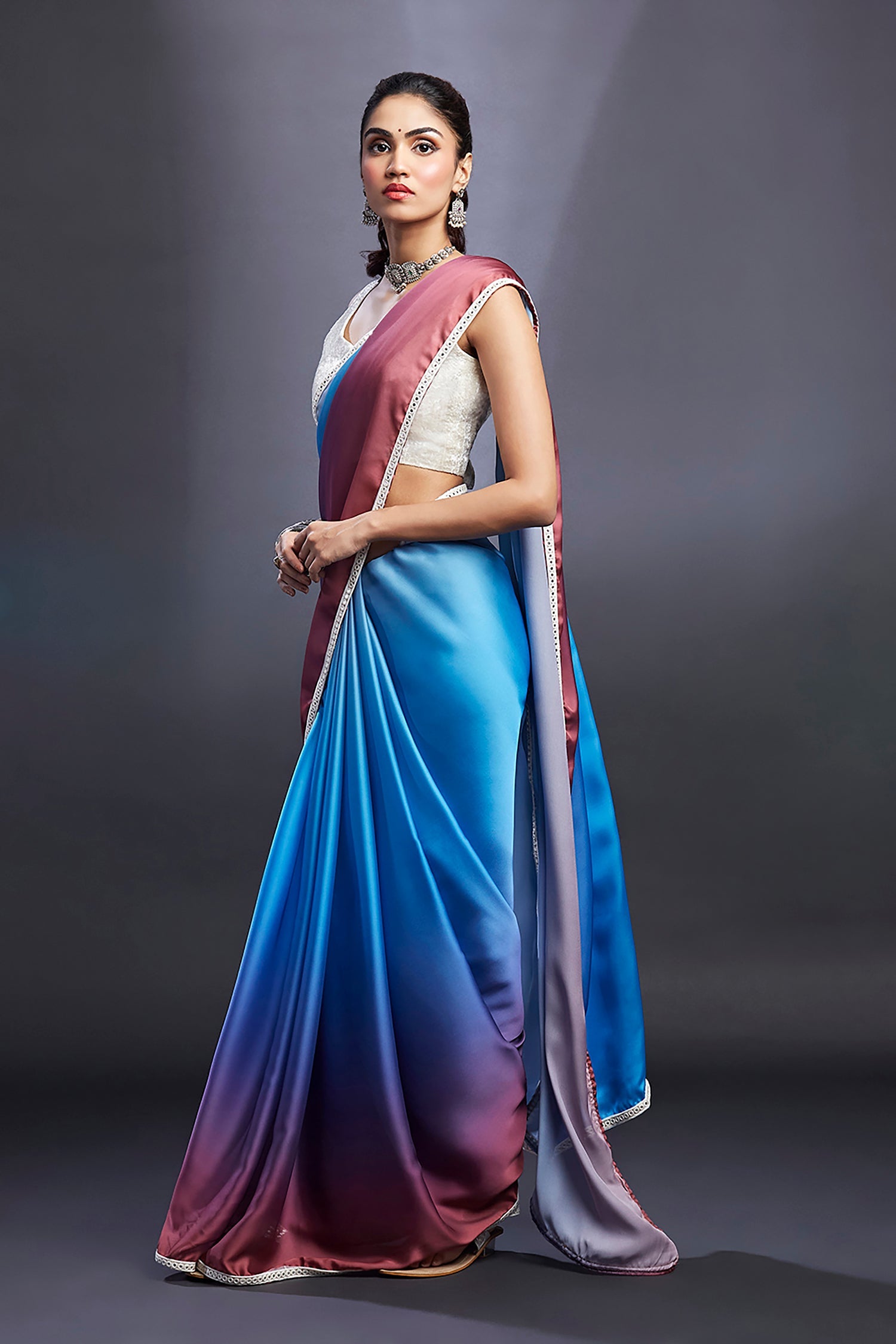 Multi-Colored Satin Embellished Ombre Saree Set
