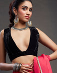 Coral Satin & Velvet Embellished Saree Set