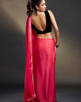 Coral Satin & Velvet Embellished Saree Set