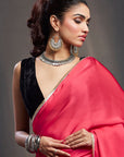 Coral Satin & Velvet Embellished Saree Set