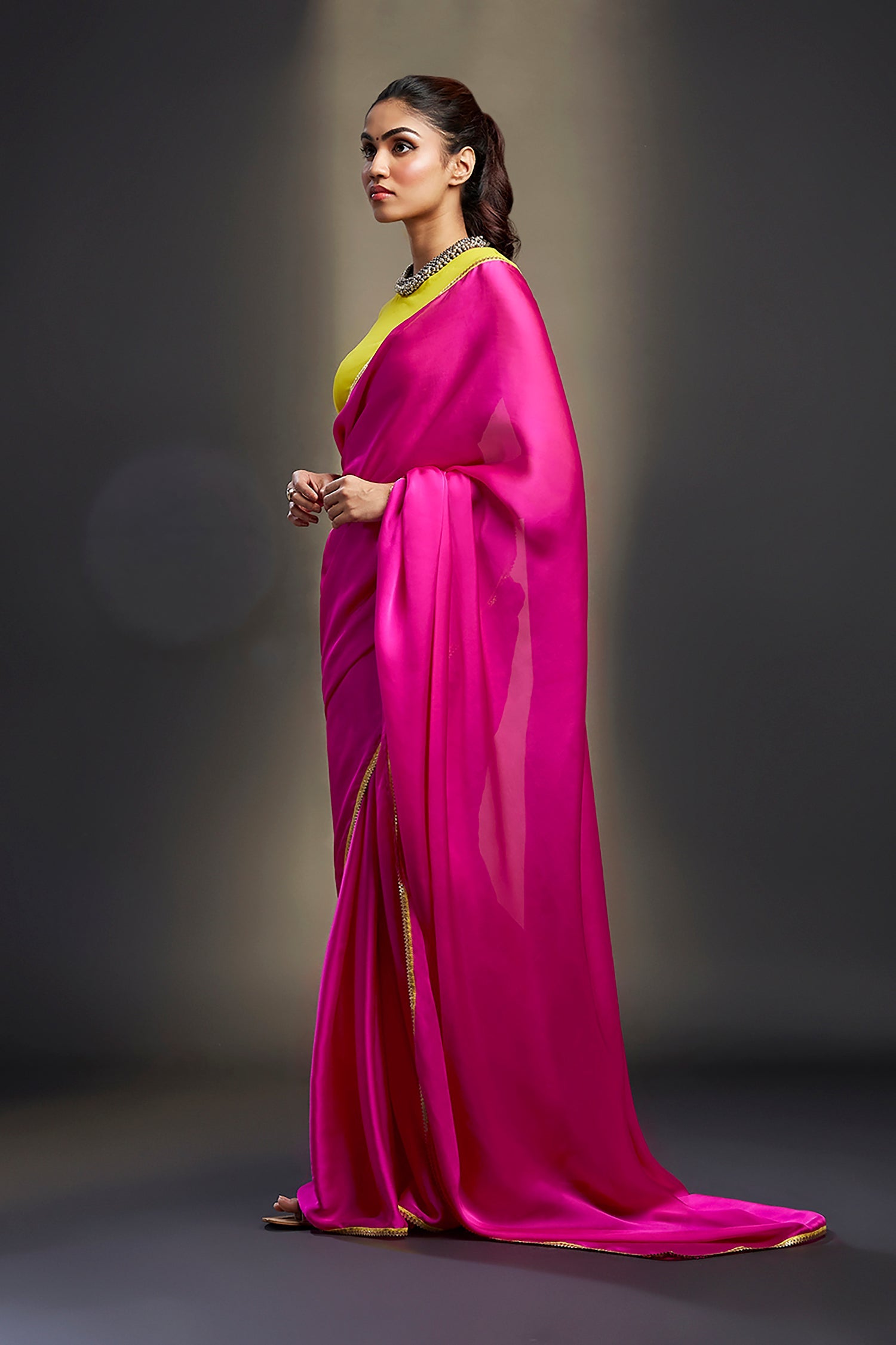 Rani Satin Embellished Saree Set