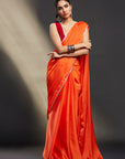 Orange Satin Embellished Saree Set