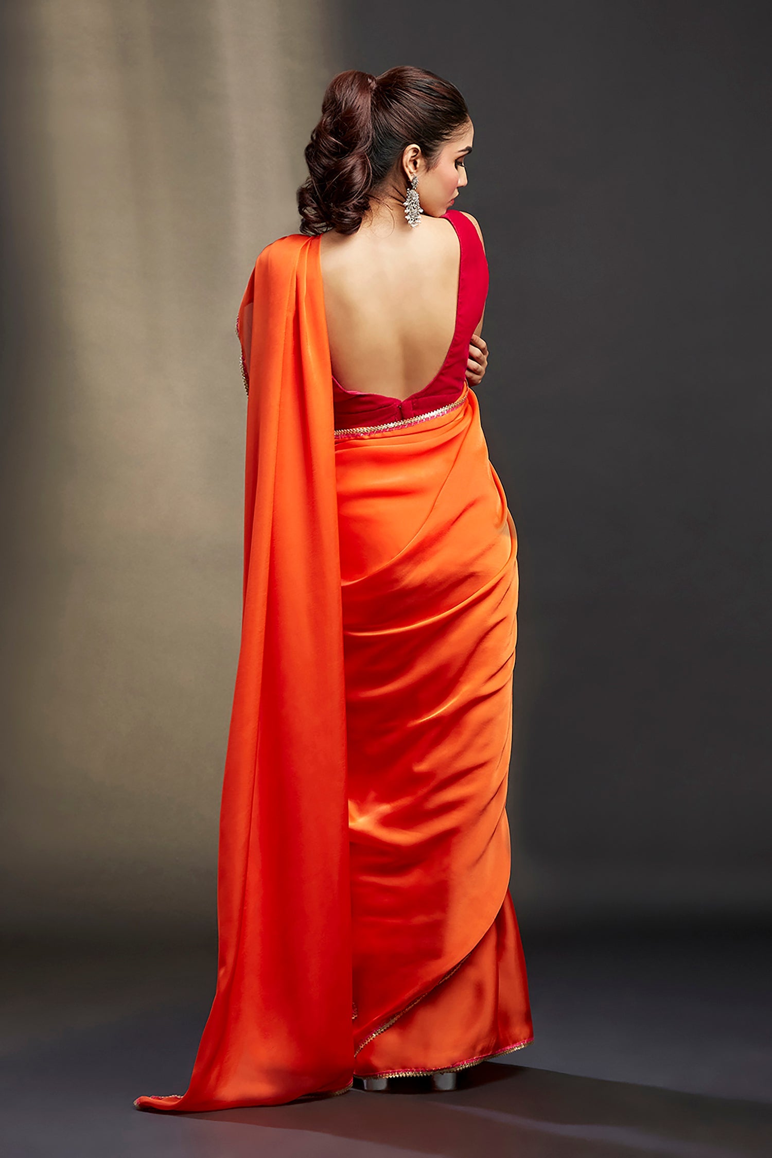Orange Satin Embellished Saree Set