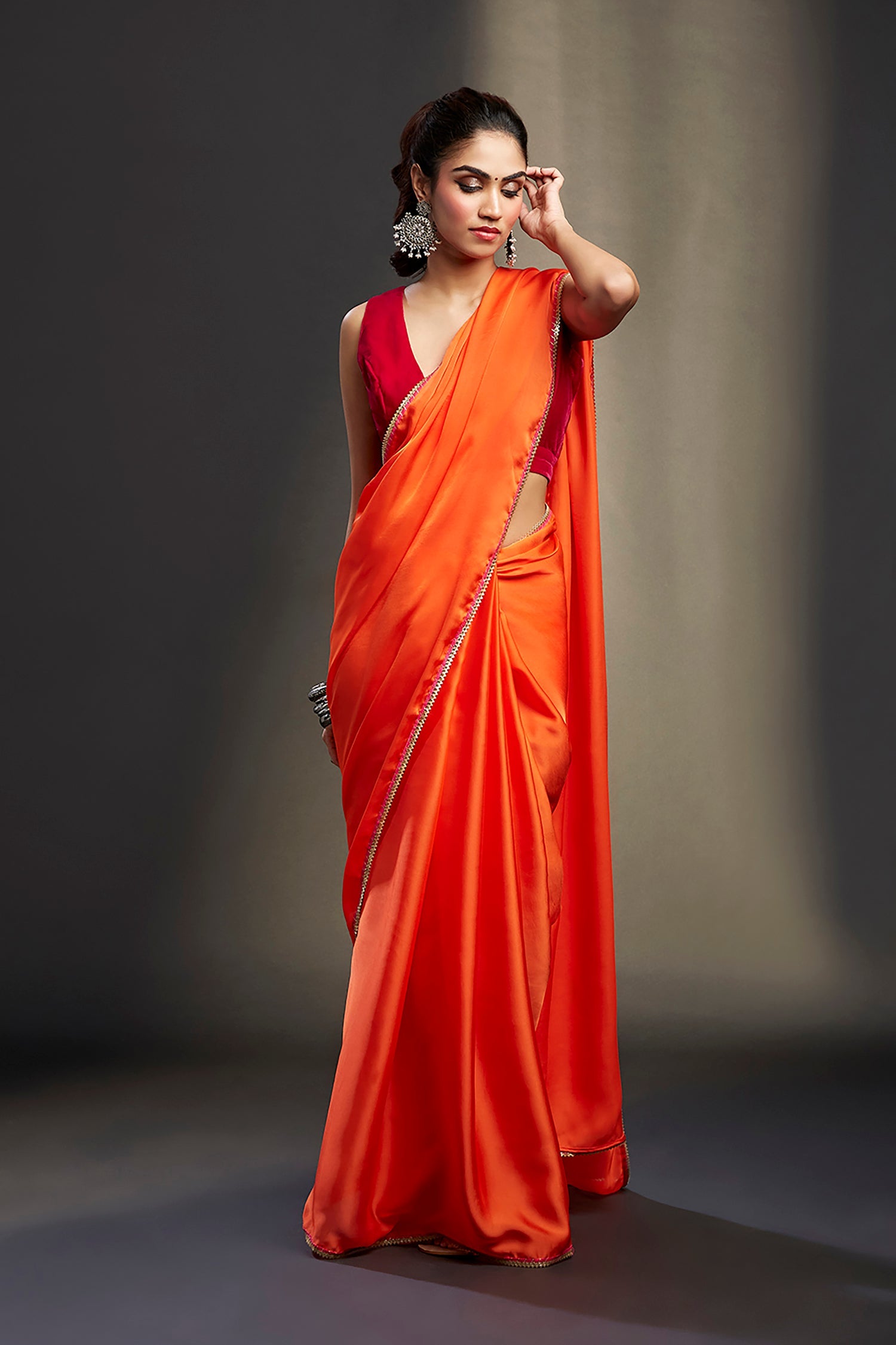 Orange Satin Embellished Saree Set