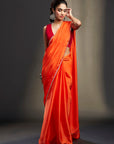 Orange Satin Embellished Saree Set