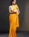 Yellow Satin Embellished Saree Set
