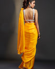 Yellow Satin Embellished Saree Set