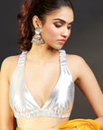 Yellow Satin Embellished Saree Set