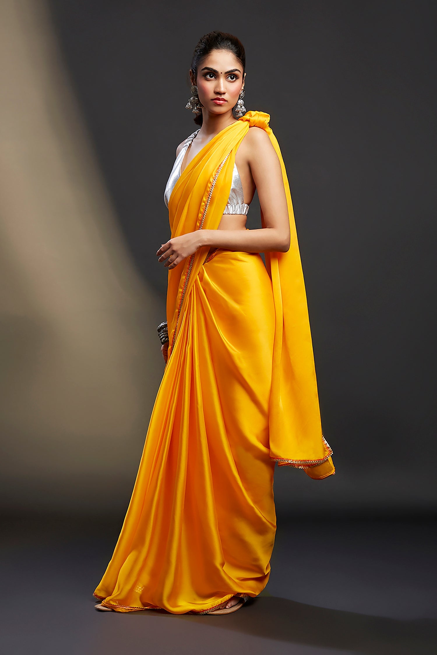 Yellow Satin Embellished Saree Set