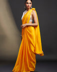 Yellow Satin Embellished Saree Set