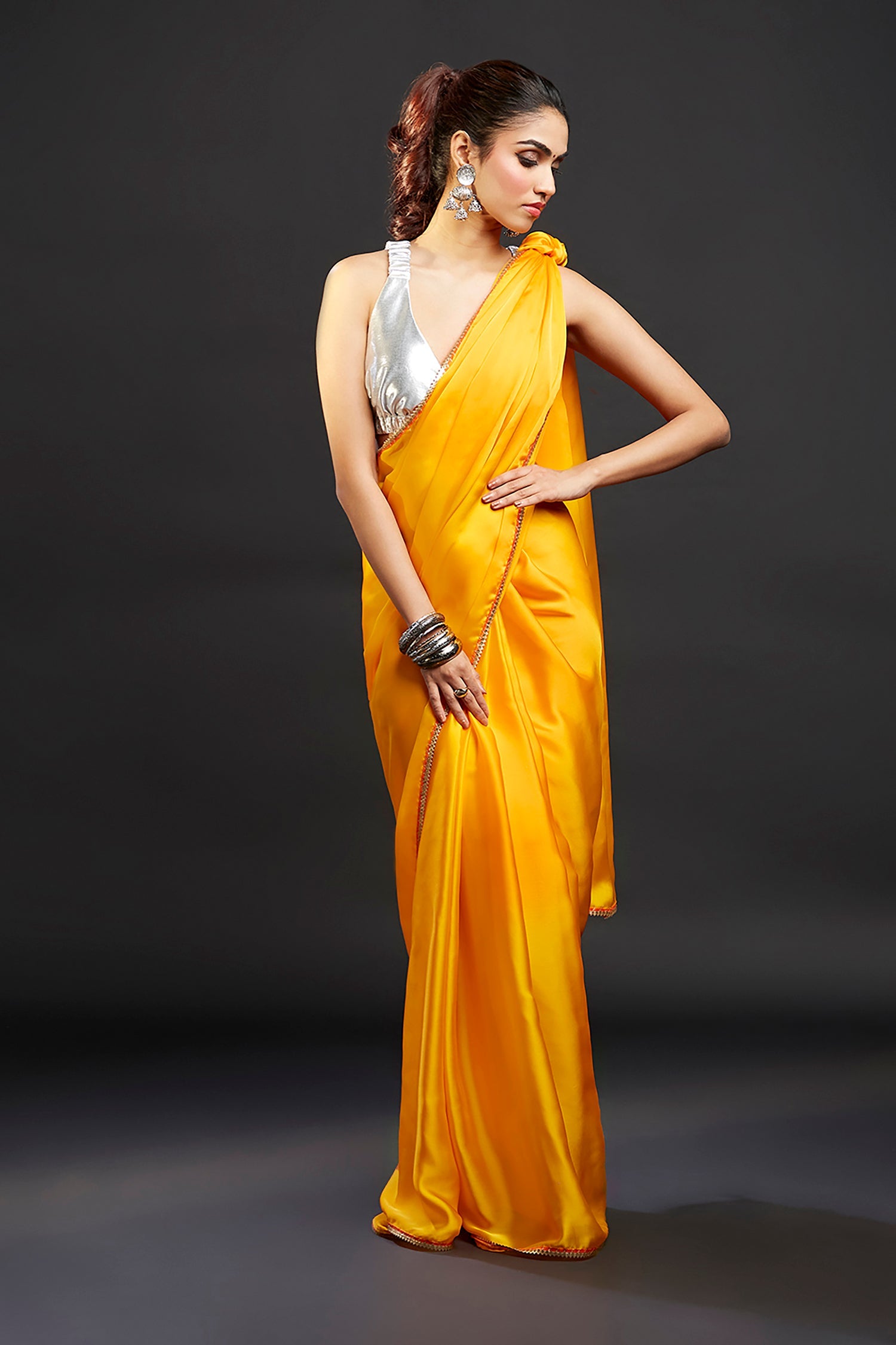 Yellow Satin Embellished Saree Set