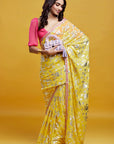 Yellow Georgette & Recycled Polyester Barfi Saree Set