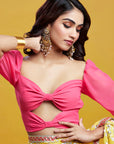 Yellow Georgette & Recycled Polyester Barfi Saree Set