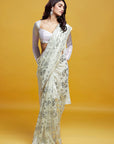 White & Silver Georgette & Recycled Polyester Barfi Saree Set