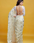 White & Silver Georgette & Recycled Polyester Barfi Saree Set