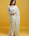 White & Silver Georgette & Recycled Polyester Barfi Saree Set