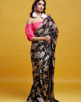 Black Georgette Recycled Polyester Barfi Saree Set