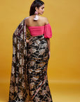 Black Georgette Recycled Polyester Barfi Saree Set