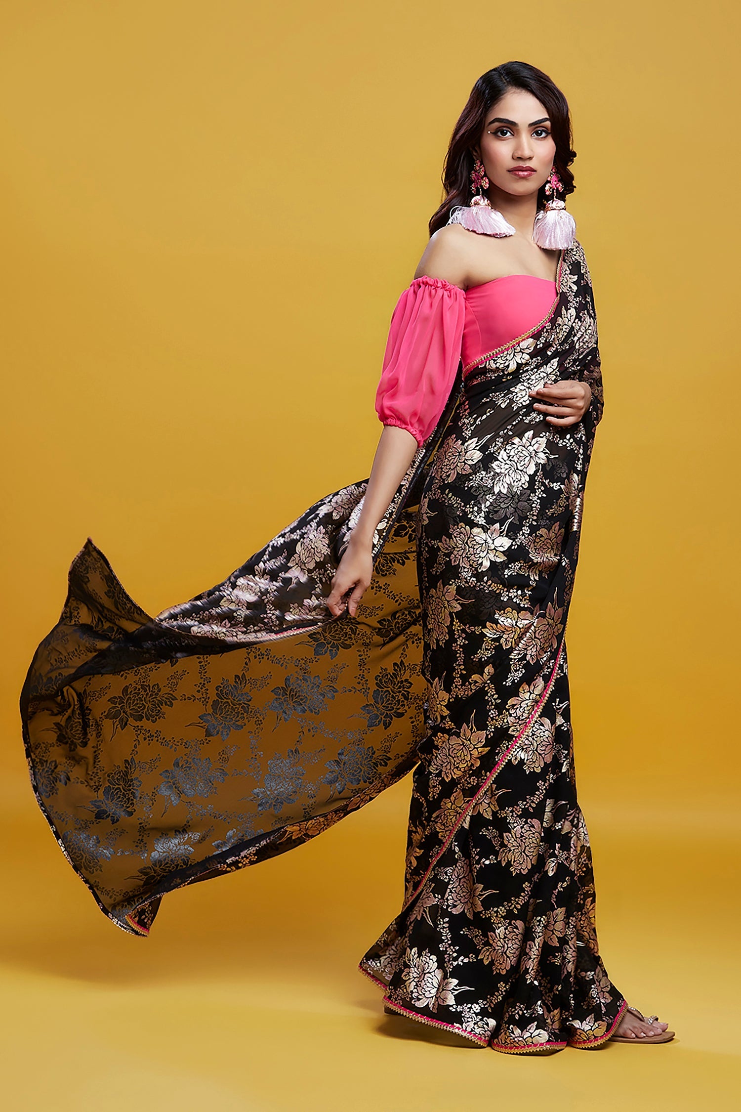 Black Georgette Recycled Polyester Barfi Saree Set