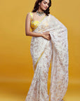 White & Gold Georgette Barfi Saree Set