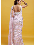 Baby Pink Georgette & Recycled Polyester Barfi Saree Set