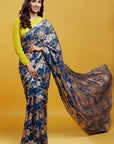 Navy Blue Georgette & Recycled Polyester Barfi Saree Set