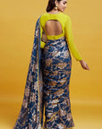 Navy Blue Georgette & Recycled Polyester Barfi Saree Set