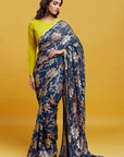 Navy Blue Georgette & Recycled Polyester Barfi Saree Set