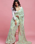 Pista Georgette & Recycled Polyester Barfi Saree Set