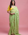 Lime Georgette & Recycled Polyester Barfi Saree Set
