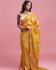 Mustard Georgette & Recycled Polyester Pre-Draped Saree Set