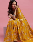 Mustard Georgette & Recycled Polyester Barfi Saree Set