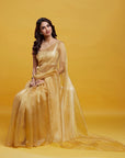 Gold Organza Crystal & Boota Embroidered Pre-Draped Saree Set