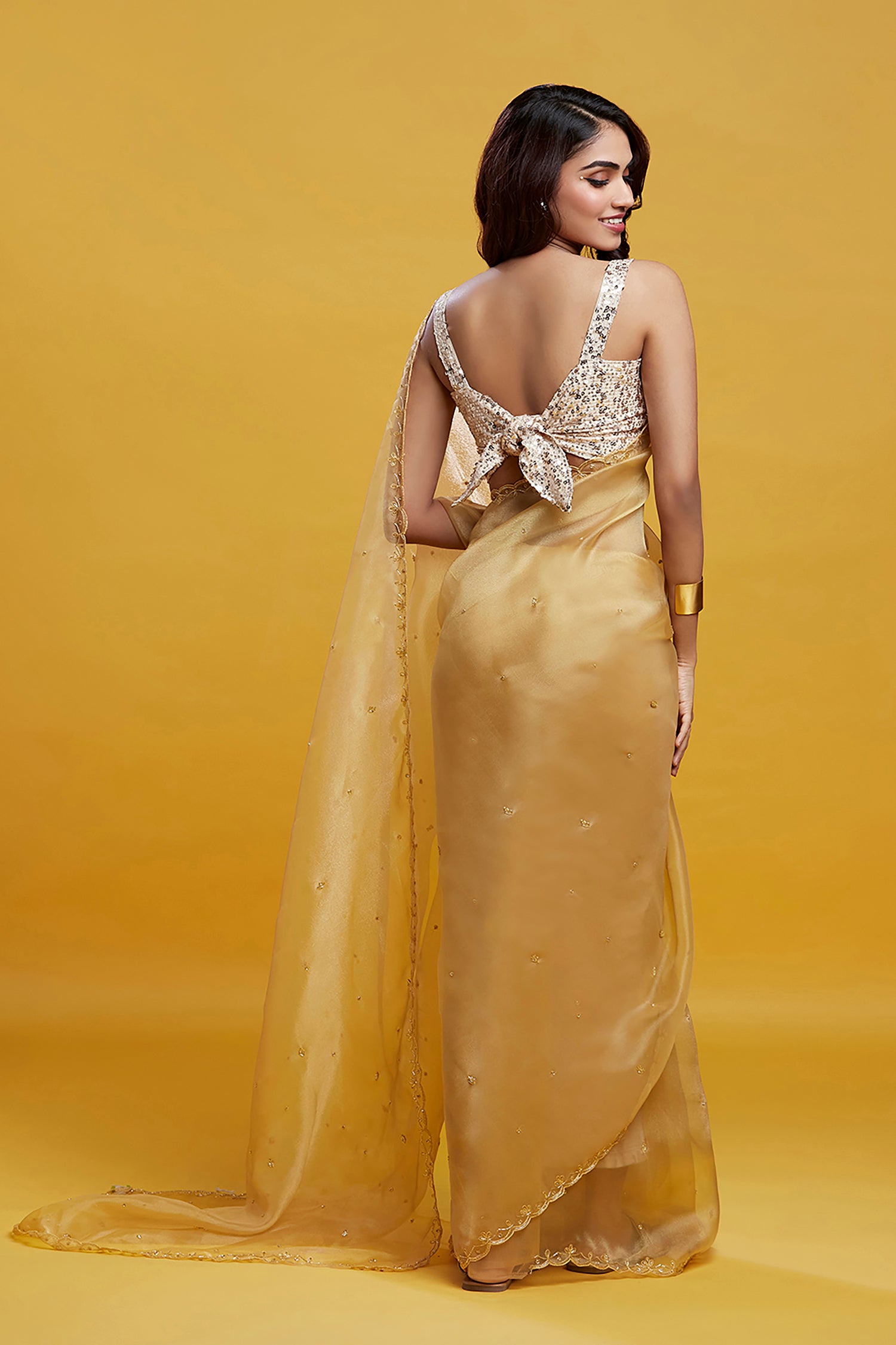 Gold Organza Crystal & Boota Embroidered Pre-Draped Saree Set