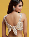Gold Organza Crystal & Boota Embroidered Pre-Draped Saree Set