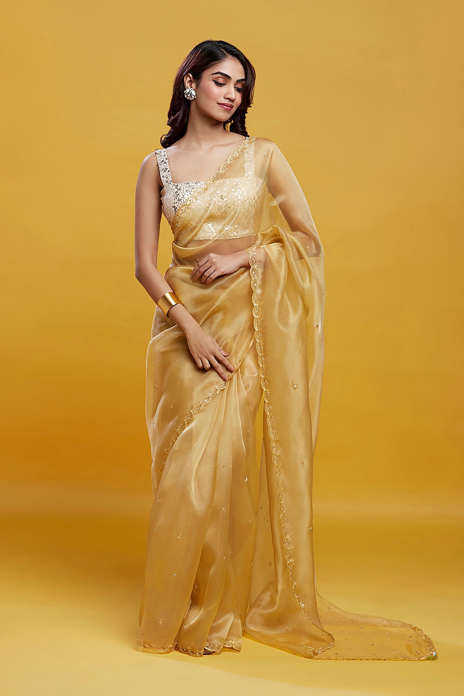 Gold Organza Crystal & Boota Embroidered Saree Set