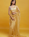 Gold Organza Crystal & Boota Embroidered Pre-Draped Saree Set