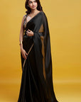 Black Satin Embroidered Pre-Draped Saree Set