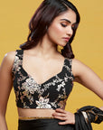 Black Satin Embroidered Pre-Draped Saree Set