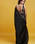 Black Satin Embroidered Pre-Draped Saree Set