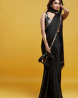Black Satin Embroidered Saree Set