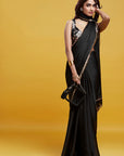 Black Satin Embroidered Pre-Draped Saree Set