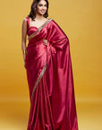 Red Satin Embroidered Saree Set