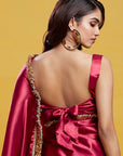 Red Satin Embroidered Saree Set